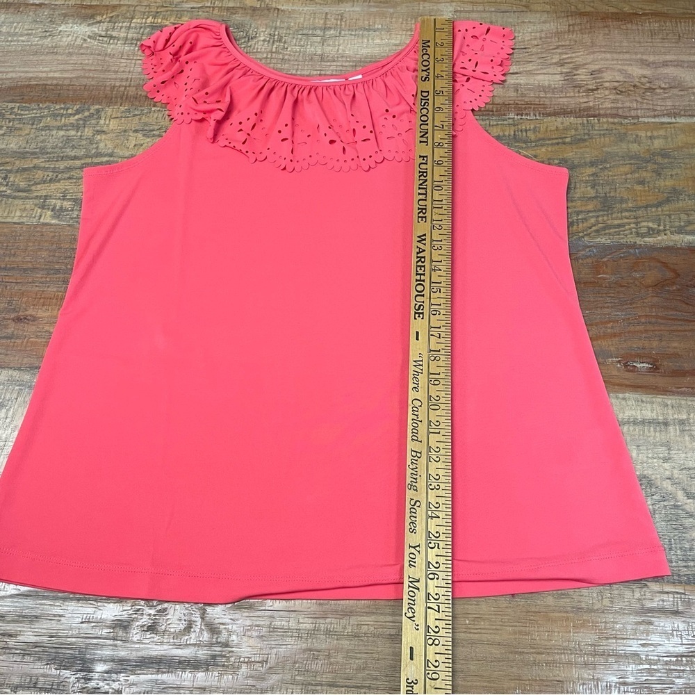 Susan Graver women’s size large Liquid Knit Top with Laser Cut Ruffle Coral Reef - Picture 7 of 9